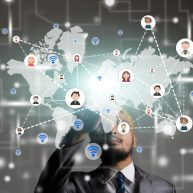 Businessman touch screen with global and people icon. Digital te Businessman touch screen with global and people icon. Digital technology concept,Social media.